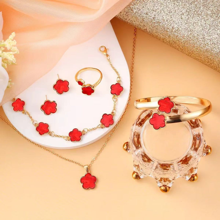 Five Petal Flower 5-piece Necklace Brace Lace Bracelet Stud Earrings Ring