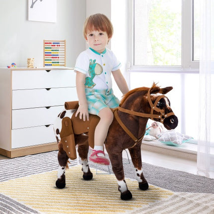 Qaba Sound-Making Ride On Horse For Toddlers 3-5, With Neighing And Galloping Sound, Stuffed Animal Horse Toy For Kids With Padding, Soft Feel, Brown