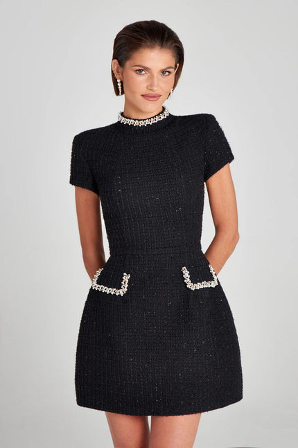 Slim Fit Slimming Round Neck Beaded Classic Style Dress