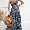 Floral Print Twist Front Cut Out Tie Backless Halter Dress Maxi Vacation Beach Outfits Women