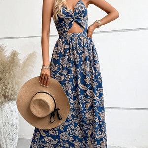 Floral Print Twist Front Cut Out Tie Backless Halter Dress Maxi Vacation Beach Outfits Women