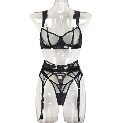 Sheer Mesh Women's Underwear Push Up Three-piece Set With Steel Ring