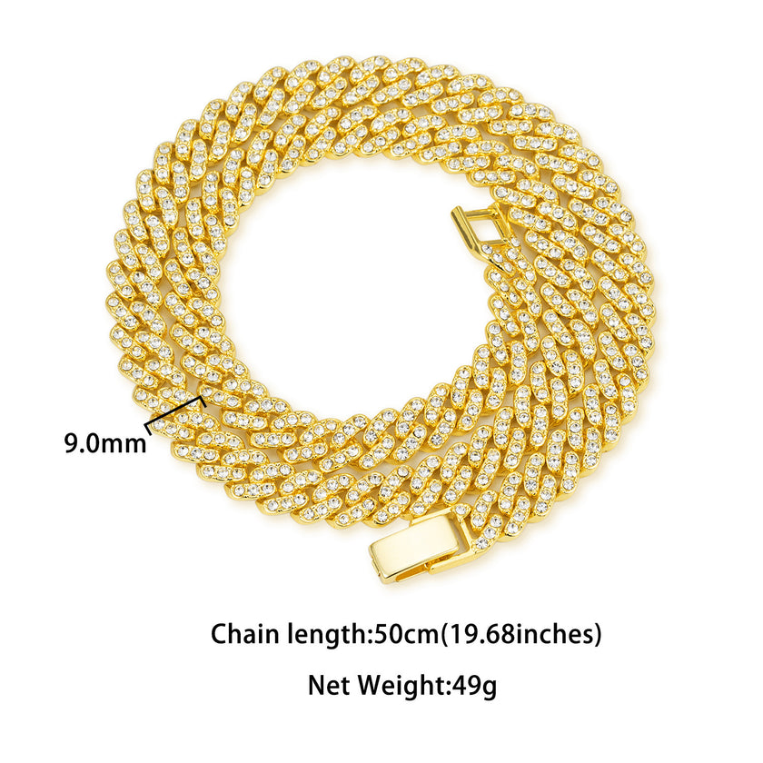 9mm Cuban Link Chain Alloy Single Row Drill Men's Necklace