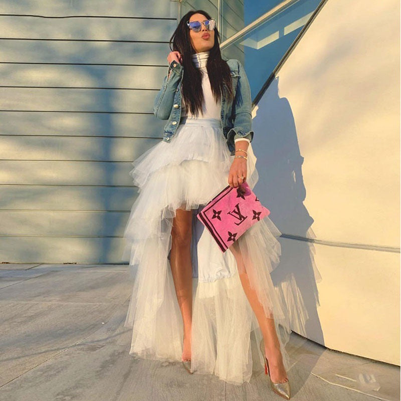 Mesh Skirt And Cake Skirt White Long