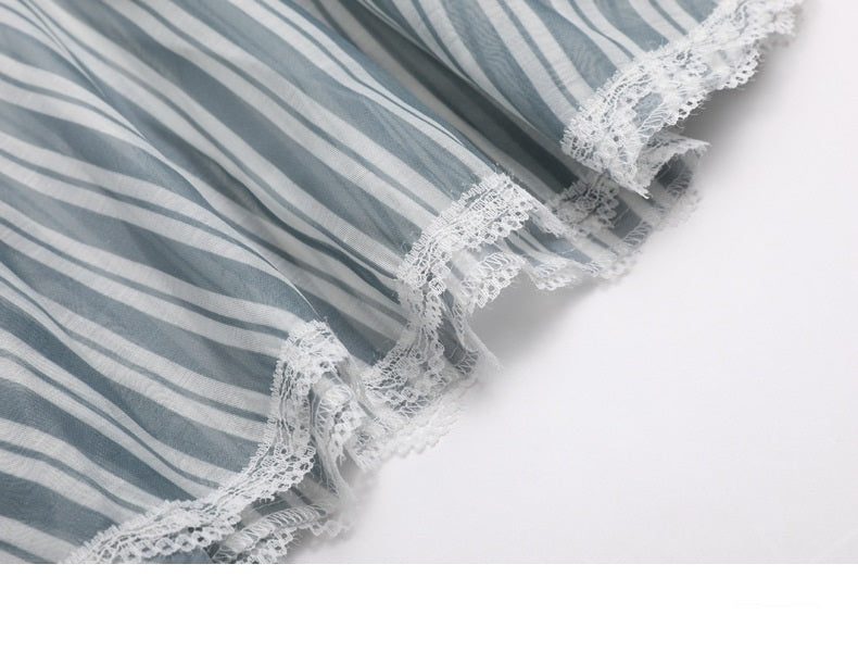 Short Shirt Women Spring Green Striped See-through Organza Turtleneck Patchwork Sexy Top
