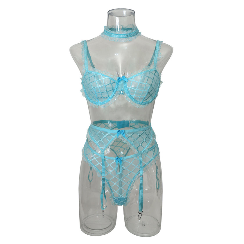 Underwear Large Mesh Push-up Four-piece Set With Scarf