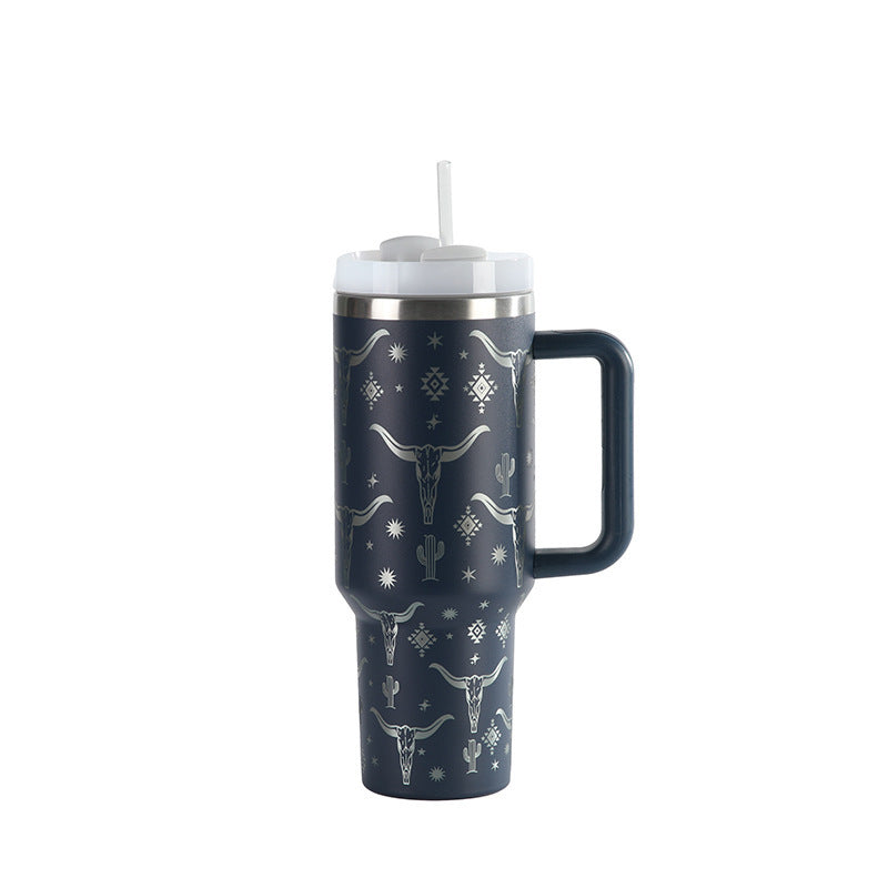 Laser Cow Head Printing Vacuum Cup Business Men's Large Capacity Warm-keeping Water Cup