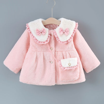Girl's Sweet Flip Children's Clothing Bow Korean Style Solid Color Cotton Coat