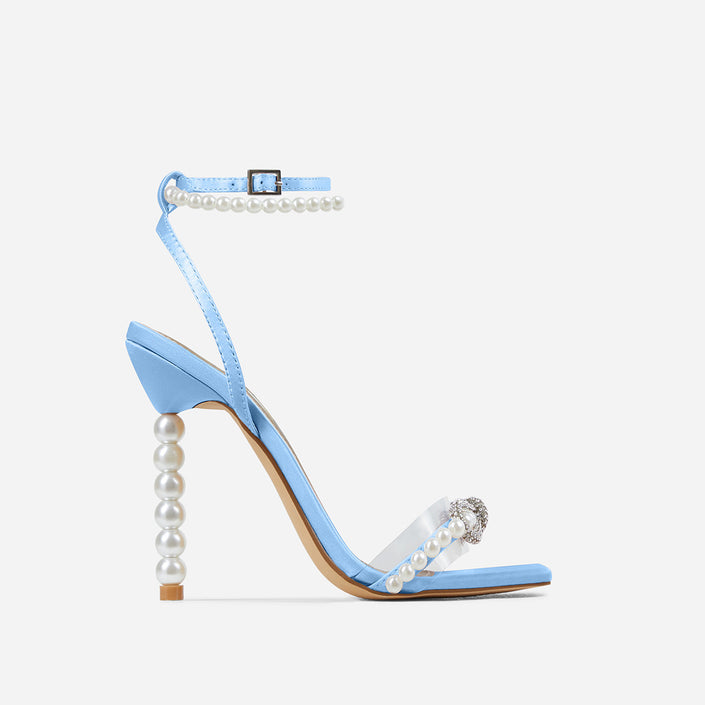 Square Toe Stiletto Heel Heels Rhinestone Bow Pearl Strap Large Size Women's Shoes