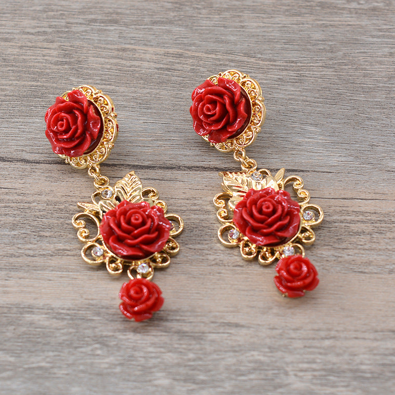 Baroque Retro Exaggerated Court Style Fashion Red Earrings Women