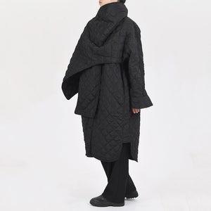 Trendy Scarf Collar Design Rhombic Quilted Loose Long Cotton Jacket Coat