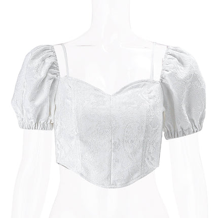 Summer French Style Square Collar Back Bow Puff Short Sleeve Top