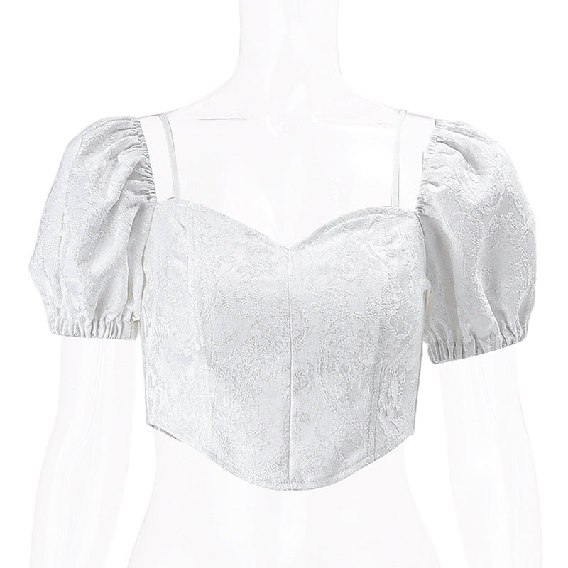 Summer French Style Square Collar Back Bow Puff Short Sleeve Top