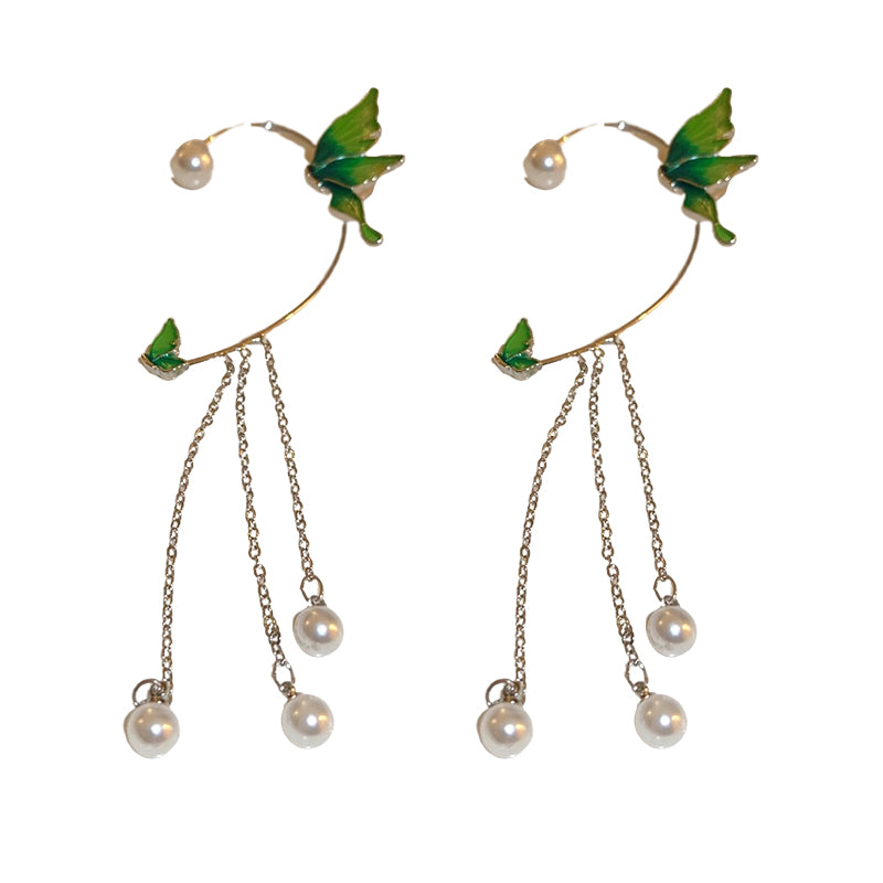 Green Pearl Butterfly Tassel Earrings Temperament