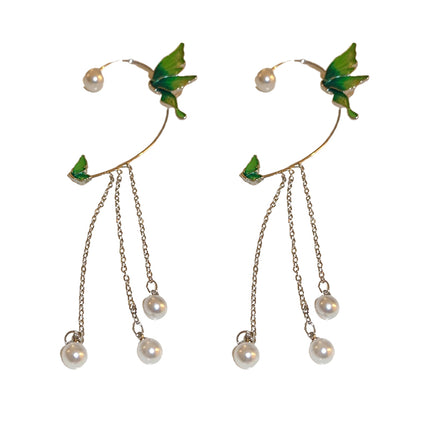 Green Pearl Butterfly Tassel Earrings Temperament