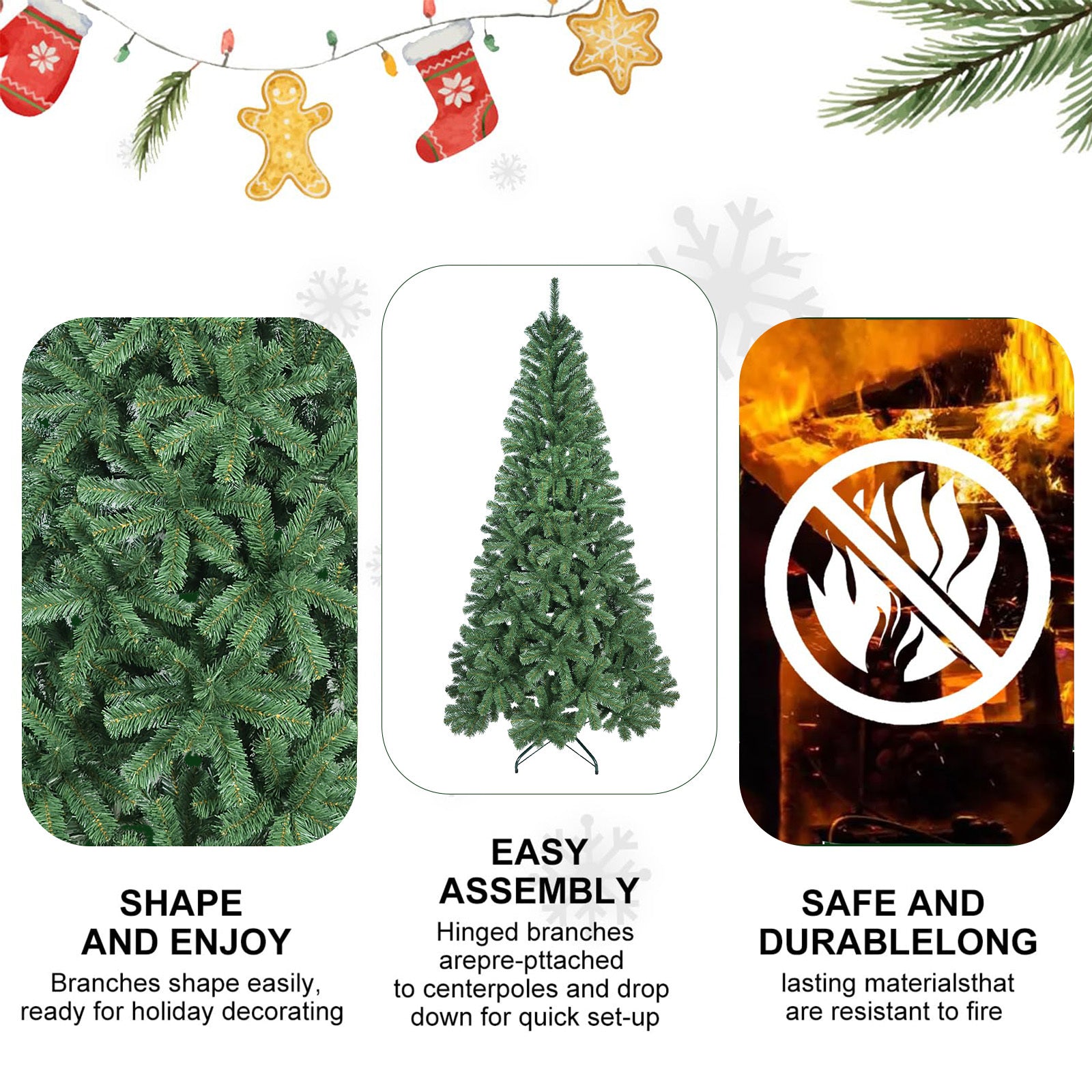 Unlit Artificial Christmas Tree, Green Xmas Tree And Folding Metal Stand For Indoor Holiday Decoration