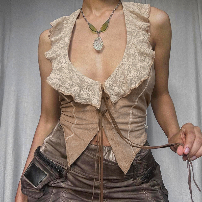 Rural Ancient Lace Stitching Tied Vest For Women