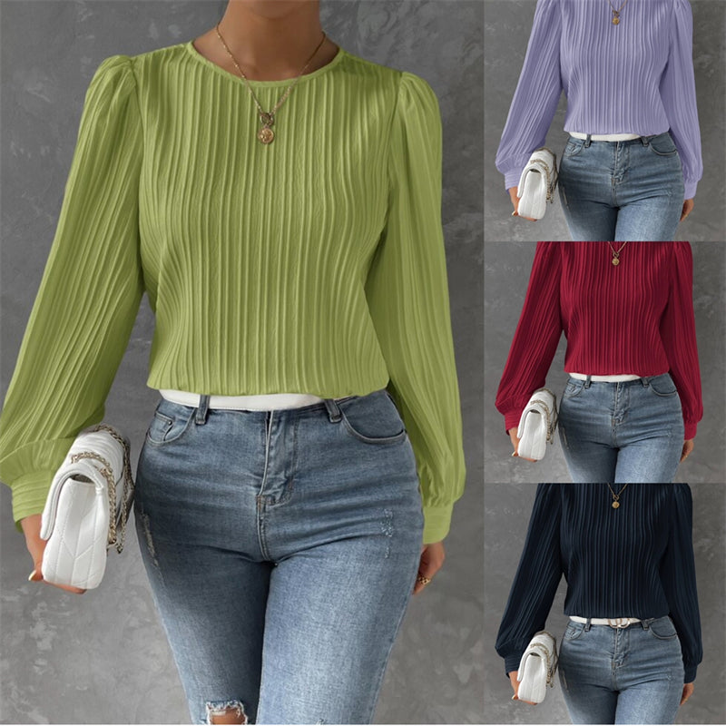 Spring Round Neck Lantern Sleeve Long Sleeve Solid Color Loose Blouse