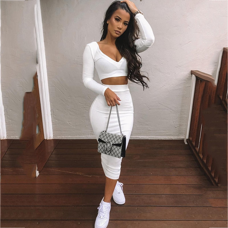 Cotton pit strip long sleeve two-piece skirt