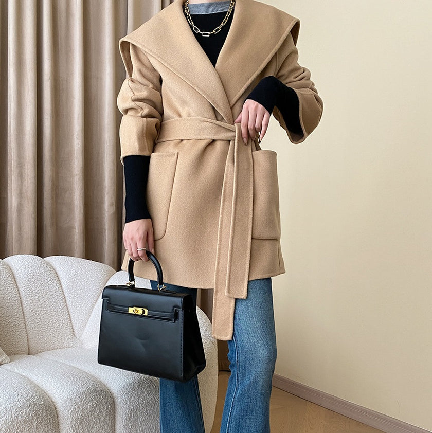 French Cape Style Full Hand Sewing Tribute Needle Small Hooded Wool Reversible Woolen Coat