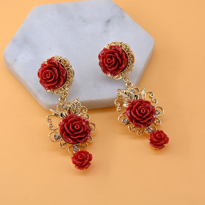 Baroque Retro Exaggerated Court Style Fashion Red Earrings Women