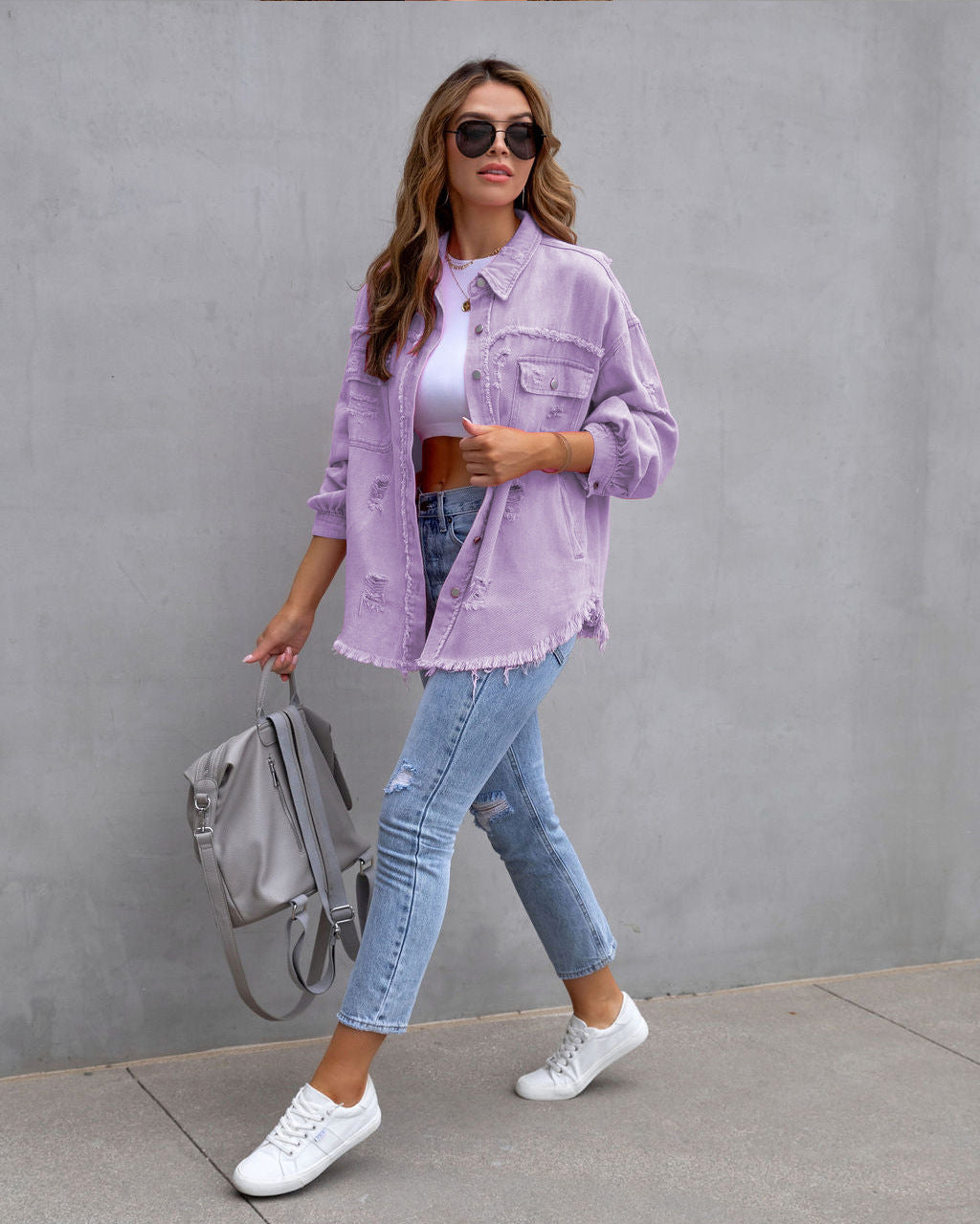 Fashion Ripped Shirt Jacket Female Casual Tops Womens Clothing