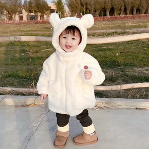 Bear Hooded Plush Cotton-padded Coat Thickened Warm Mid-length Jacket