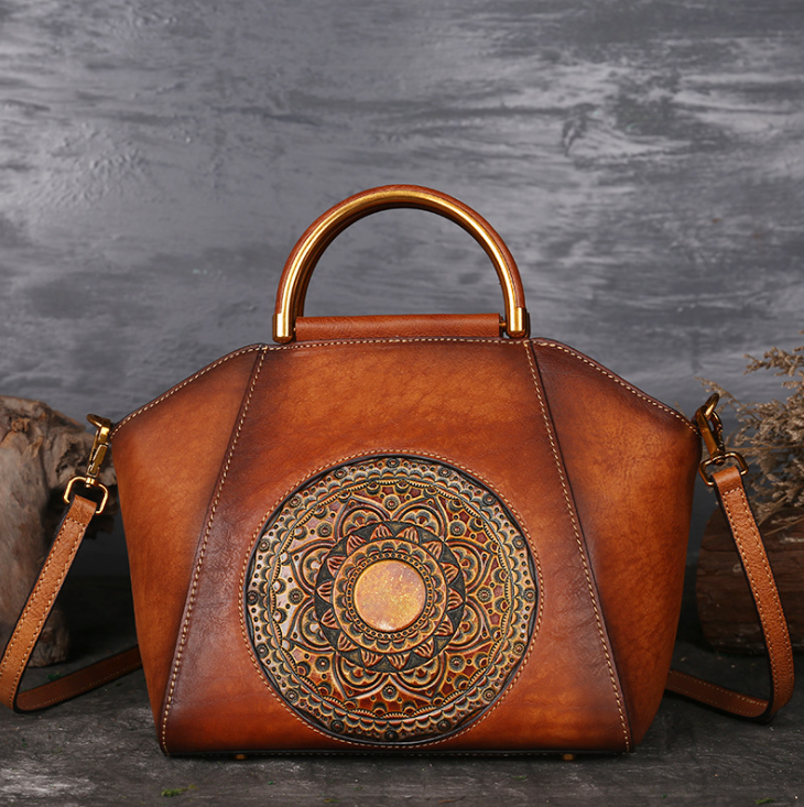 Handbag Totem Pattern High Quality Natural Skin Women Shoulder Tote Bags