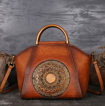Handbag Totem Pattern High Quality Natural Skin Women Shoulder Tote Bags