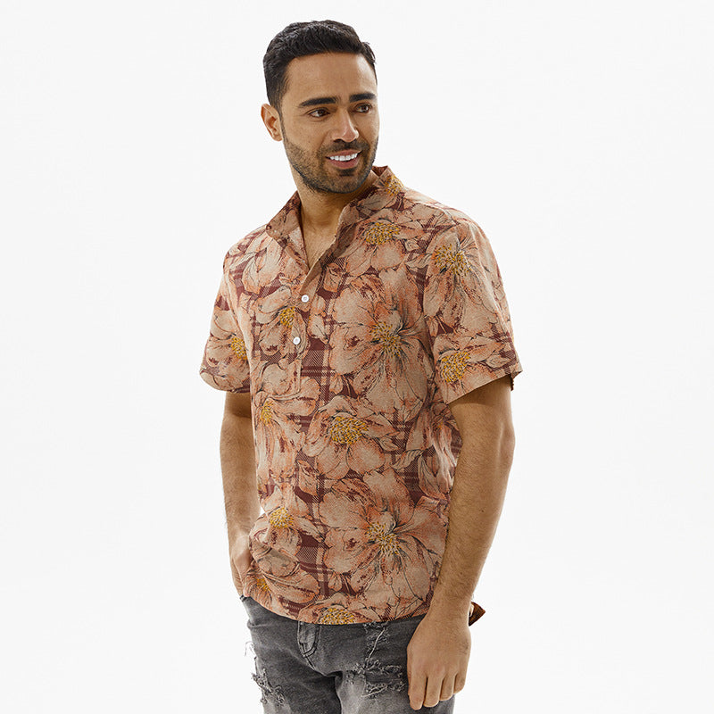 Fashionable Retro Pattern Half-open Stand Collar Short Sleeve Shirt