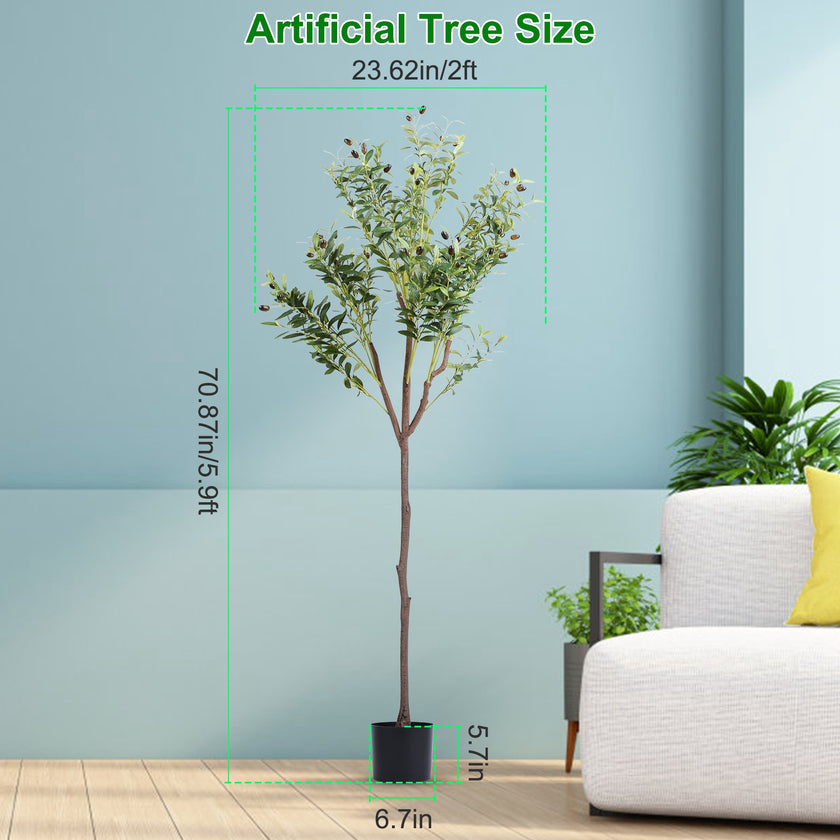 1Pc 5.9FT Artificial Olive Tree Tall Fake Olive Plant Faux Potted Olive Tree With Lush Olive Branches And Fruits With Black Planter Pot For Modern Home Office Living Room Shop Cafe