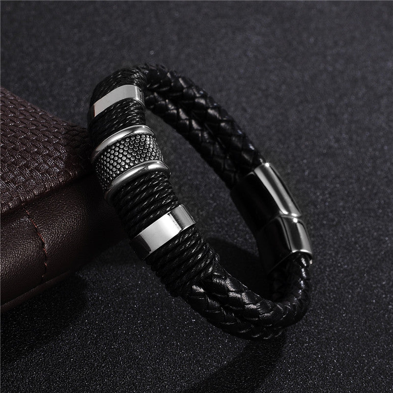 Black Braid Woven Leather Bracelet Titanium Stainless Steel Bracelet Men Bangle Men Jewelry Vintage Gift