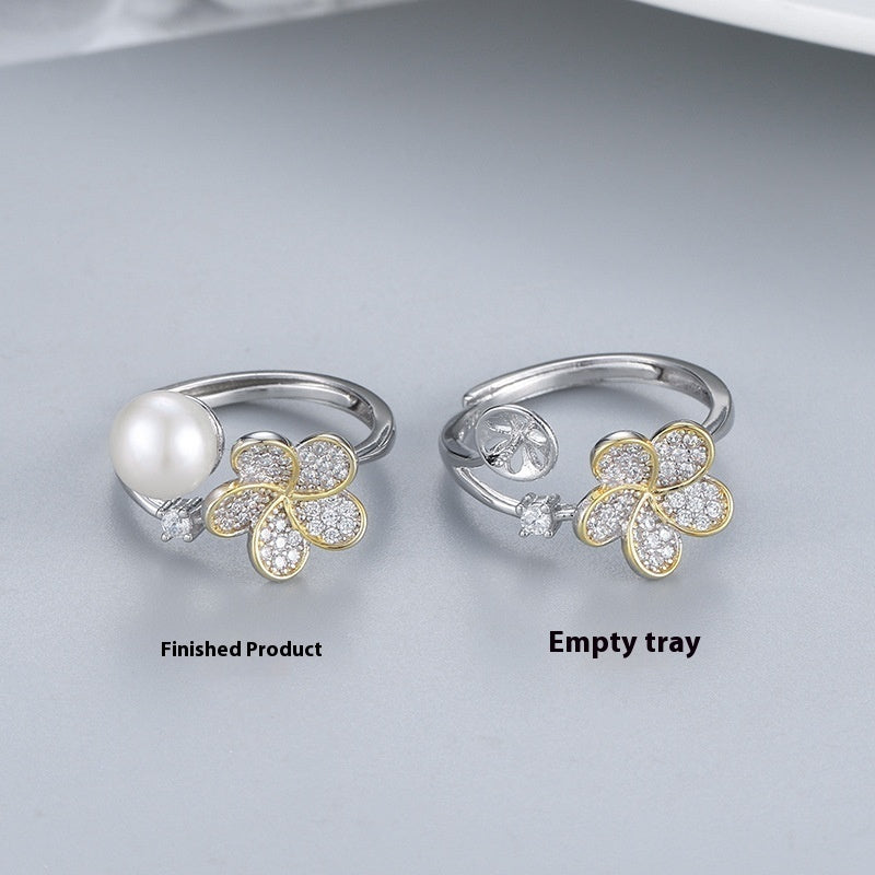 Color Separation Flower Pearl Ring S925 Silver Ring Adjustable