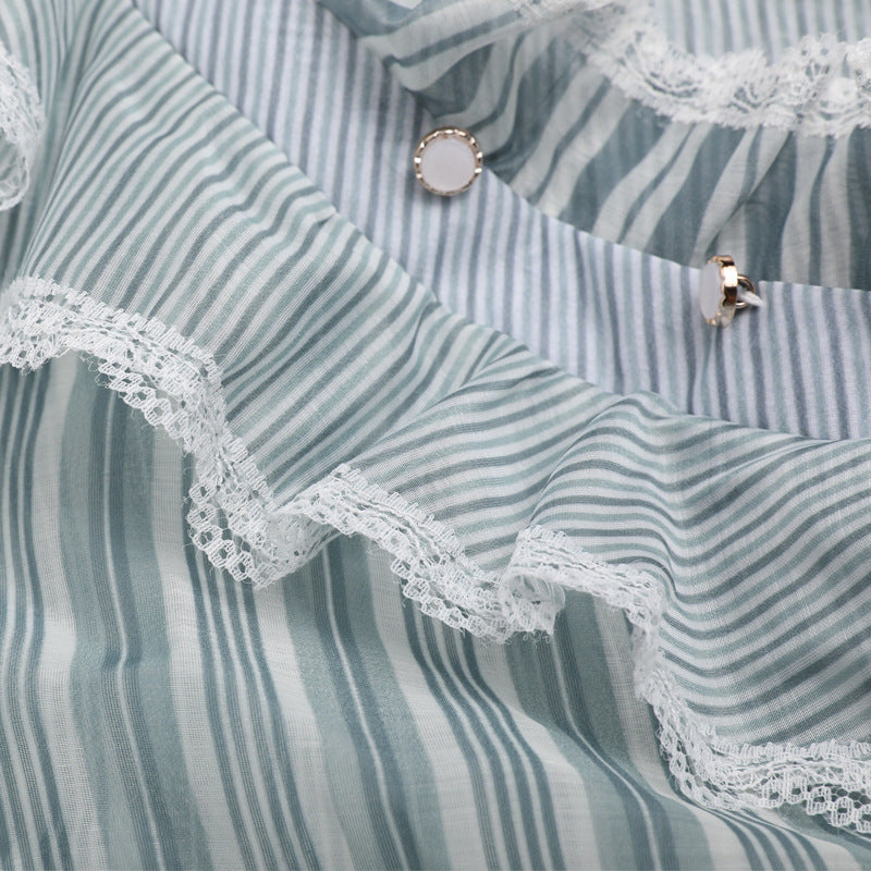 Short Shirt Women Spring Green Striped See-through Organza Turtleneck Patchwork Sexy Top