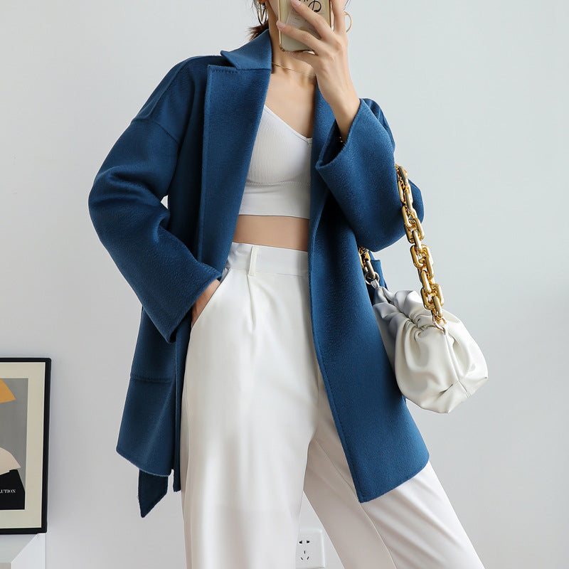 High-end nightgown water ripple double-sided cashmere coat women lace wool