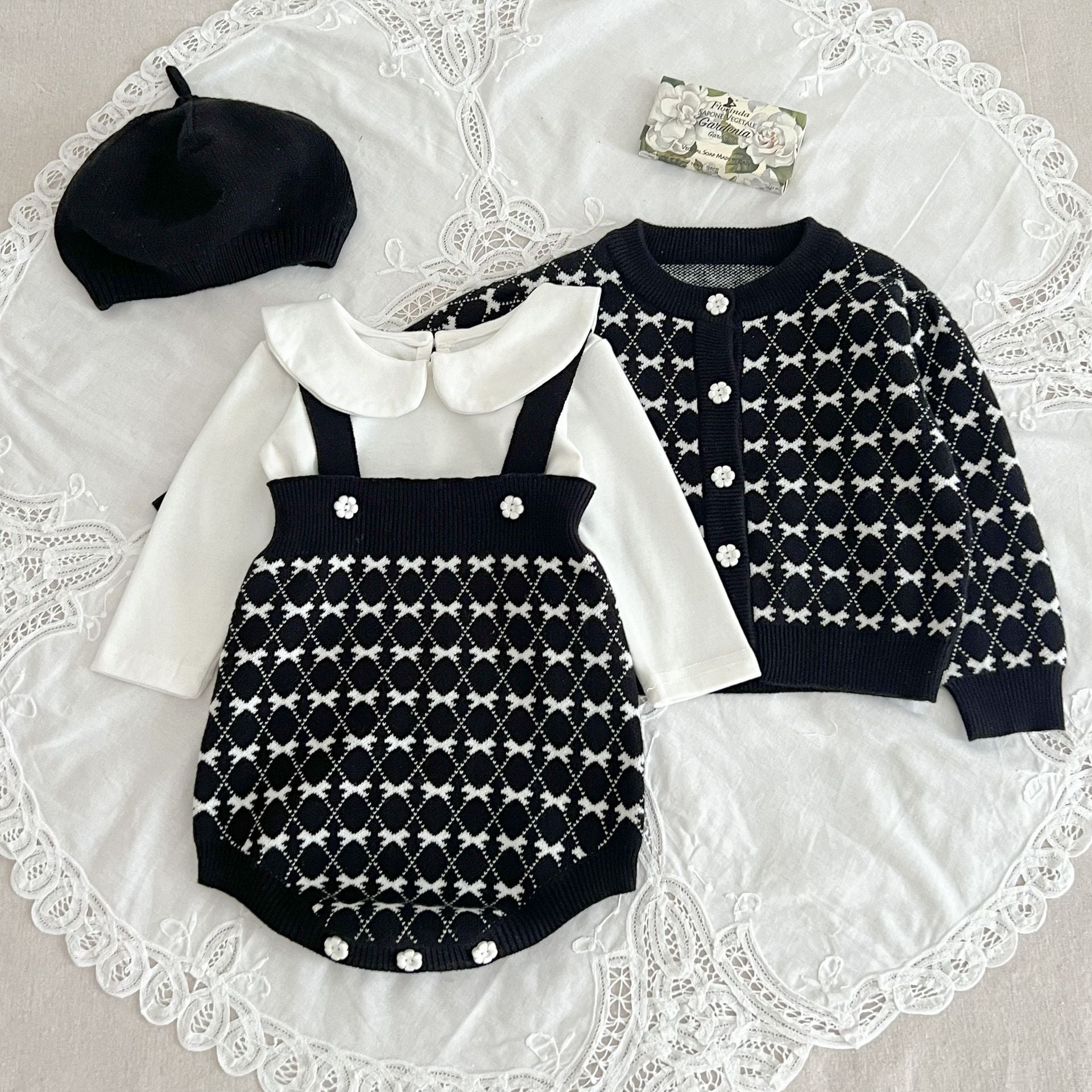 Classic Style Knitted Coat Cardigan Strap Rompers Jumpsuit