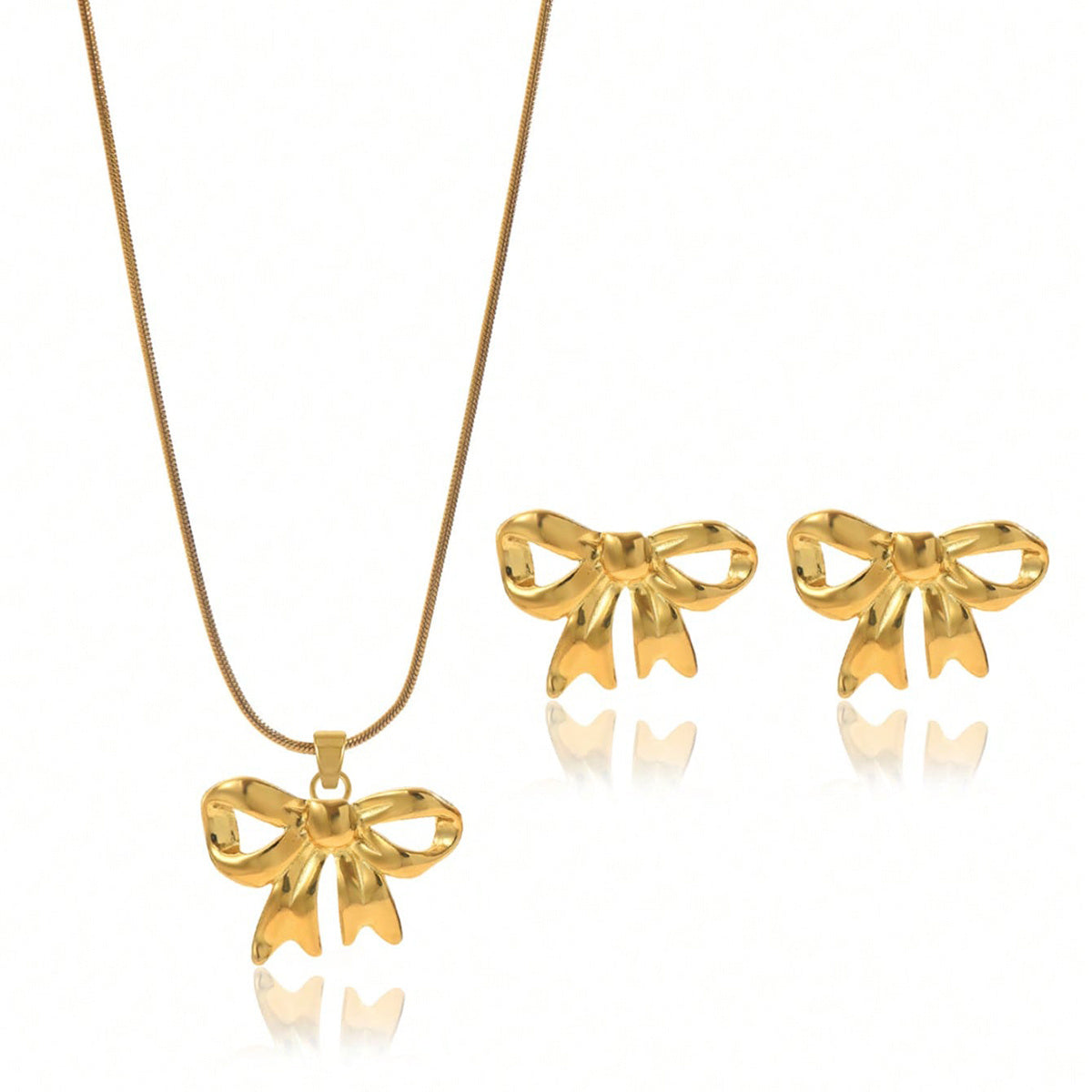 Lxalry 18K Gold Plated Bow Mirror Jewelry Set  Hypoallergenic Skin Safe Necklace   Earrings For Weddings Gifting, Never Fade Adjustable Luxury With Precision-Cast Ribbon