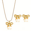 Lxalry 18K Gold Plated Bow Mirror Jewelry Set  Hypoallergenic Skin Safe Necklace   Earrings For Weddings Gifting, Never Fade Adjustable Luxury With Precision-Cast Ribbon
