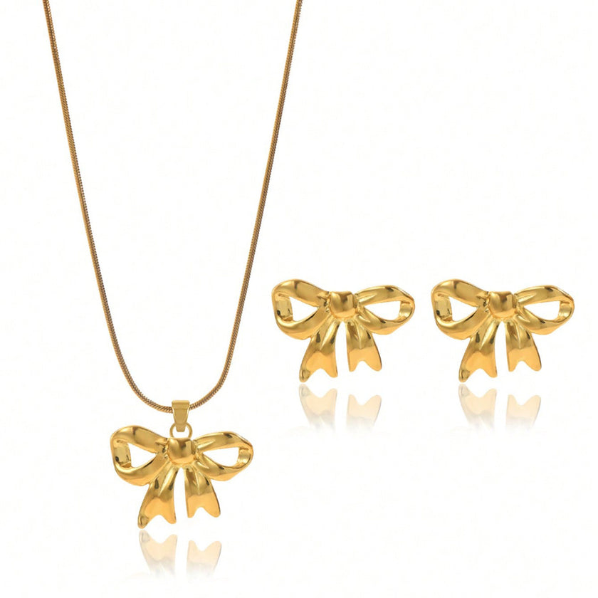 Lxalry 18K Gold Plated Bow Mirror Jewelry Set  Hypoallergenic Skin Safe Necklace   Earrings For Weddings Gifting, Never Fade Adjustable Luxury With Precision-Cast Ribbon