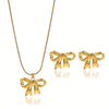 Lxalry 18K Gold Plated Bow Mirror Jewelry Set  Hypoallergenic Skin Safe Necklace   Earrings For Weddings Gifting, Never Fade Adjustable Luxury With Precision-Cast Ribbon