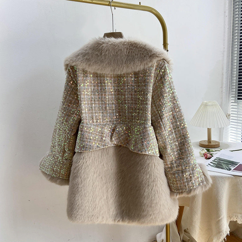 Women's Fashionable Sequins Wool Fur Coat