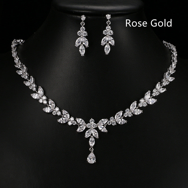 Korean Fashion Leaf Bridal Wedding Set Accessories Zircon Necklace Earrings Ring Bracelet Four-Piece Set