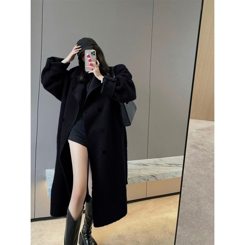 Fur Integrated Lamb Wool Medium Length Thickened Blue Coat