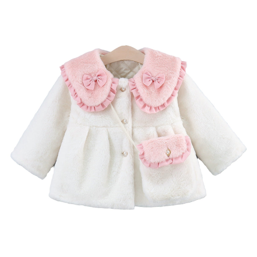 Girl's Sweet Flip Children's Clothing Bow Korean Style Solid Color Cotton Coat