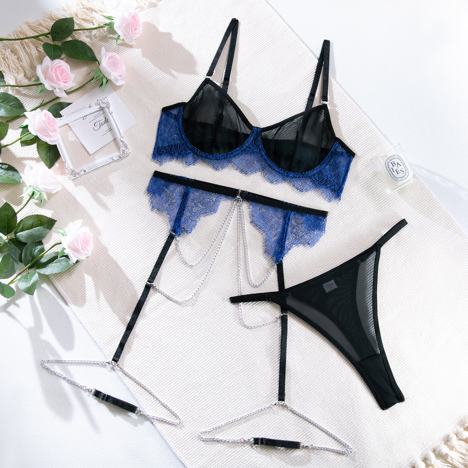 Underwear Lace Fabric Stitching Contrast Color Three-piece Set