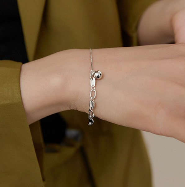 Punk Chain Instagram Niche Sterling Silver 925 Flake Beads Pendant Bracelet