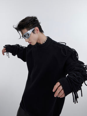 Deconstructed Fringe Design Crease Crease Neck Knit Sweater
