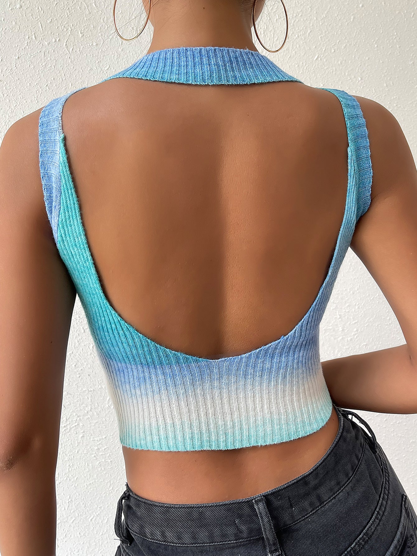 Sexy Big Backless Tie-dyed Navel-exposed Slim-fit Knitted Top Women