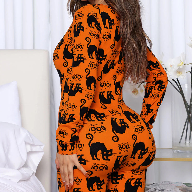 Halloween Printed Jumpsuit Long Sleeve Home Pajamas