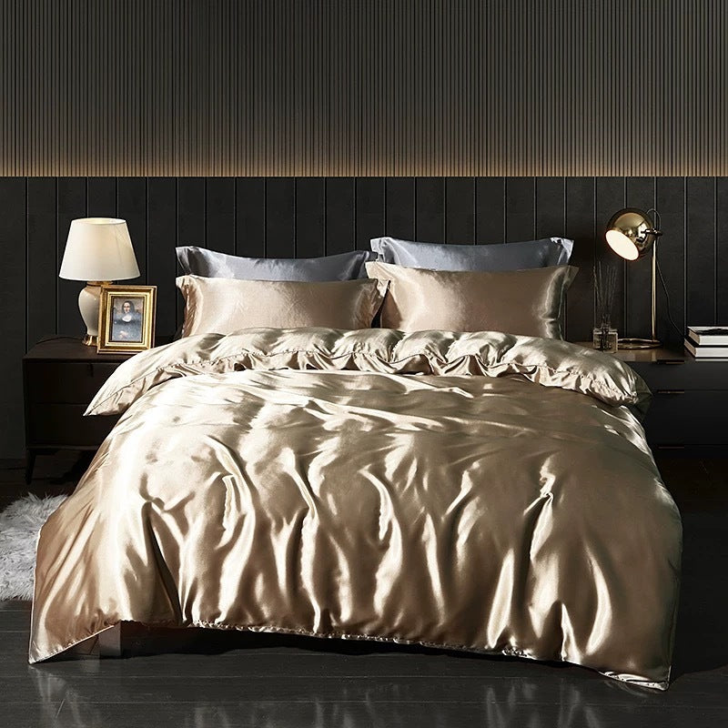 Solid Color Silk Four-piece Set Double-sided Quilt Cover Bedding